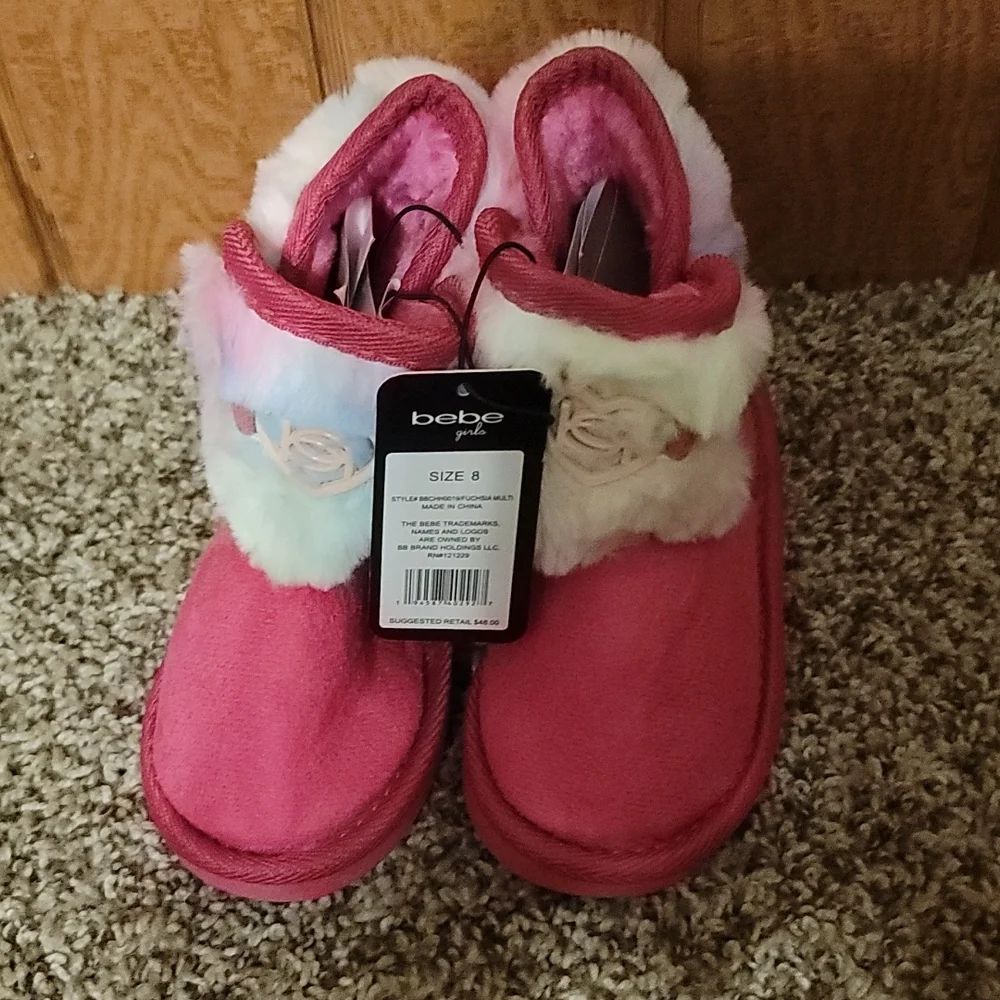 BEBE GIRLS DARK PINK Rainbow faux fur BOOTS: NWT: TODDLER 8